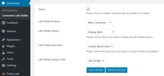 Comments Like Dislike Plugin Configuration