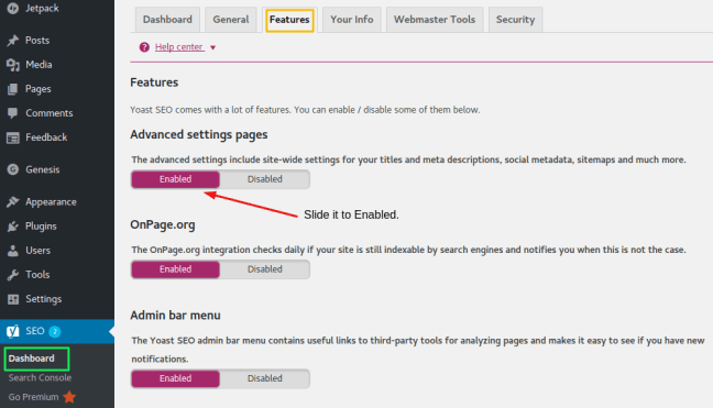 Yoast Enable Advanced Settings page