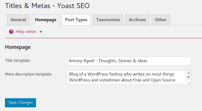 Yoast Home Meta Settings