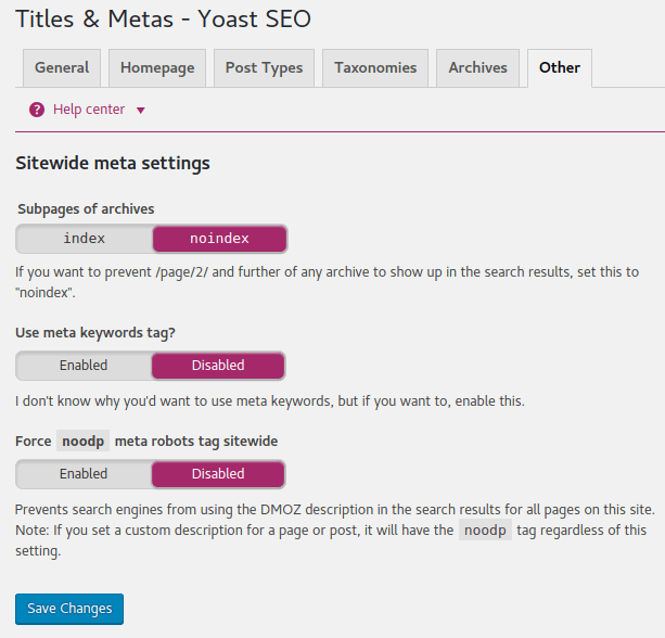 Yoast Other tab settings