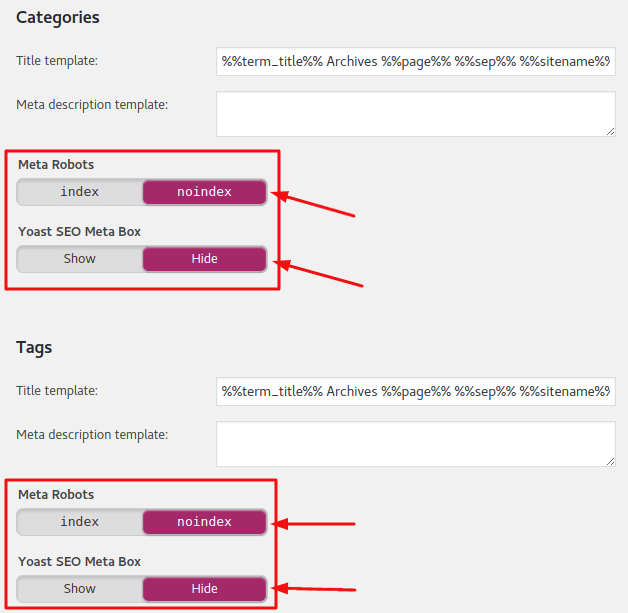 Yoast Taxonomies Settings
