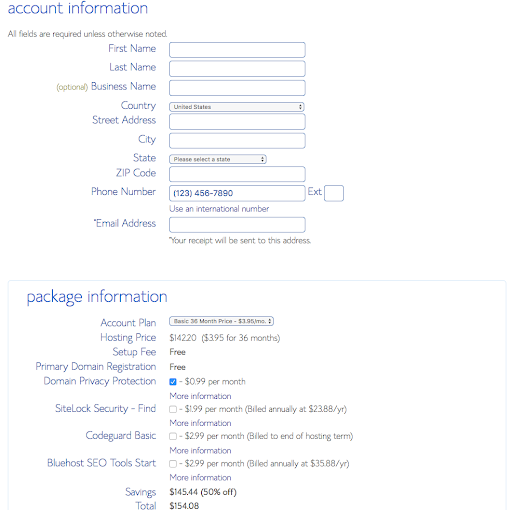 Enter Account Details in Bluehost and Bluehost Hosting Package Information