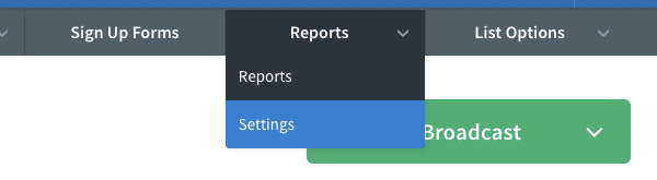 AWeber Reports Tab Settings Menu