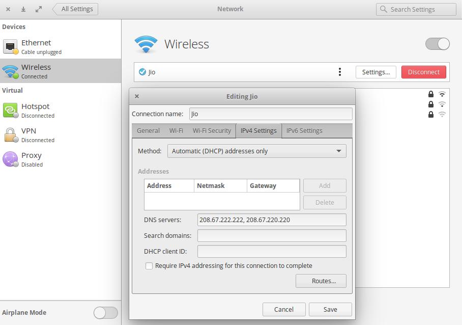 Wireless IPv4 Settings Elementary OS