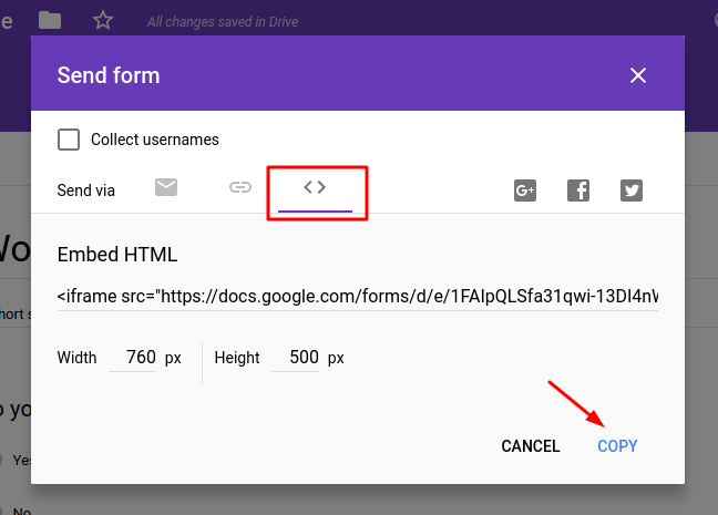 Google Forms Copy Embed Code Example Screen
