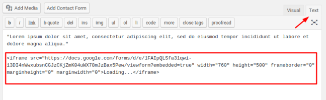 Google Forms Paste Embed Code in WordPress Sample Screen