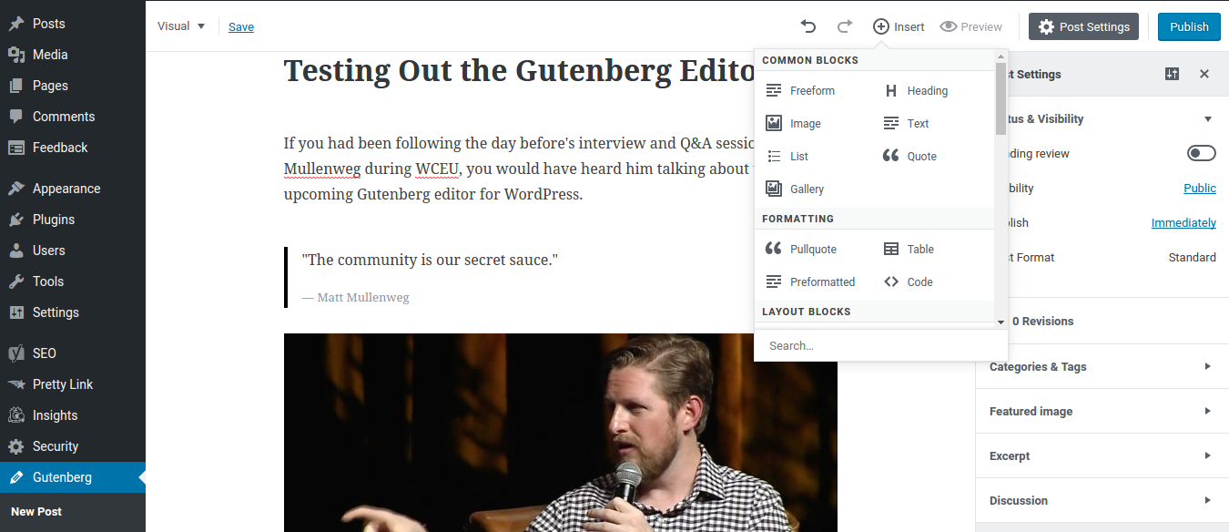 Testing the new WordPress Gutenberg Editor