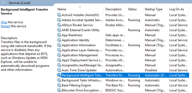 Windows 10 Background Intelligent Transfer Service (BITS)
