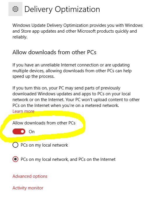 Windows 10 Updates Delivery Optimization - Disable Allow downloads from other PCs