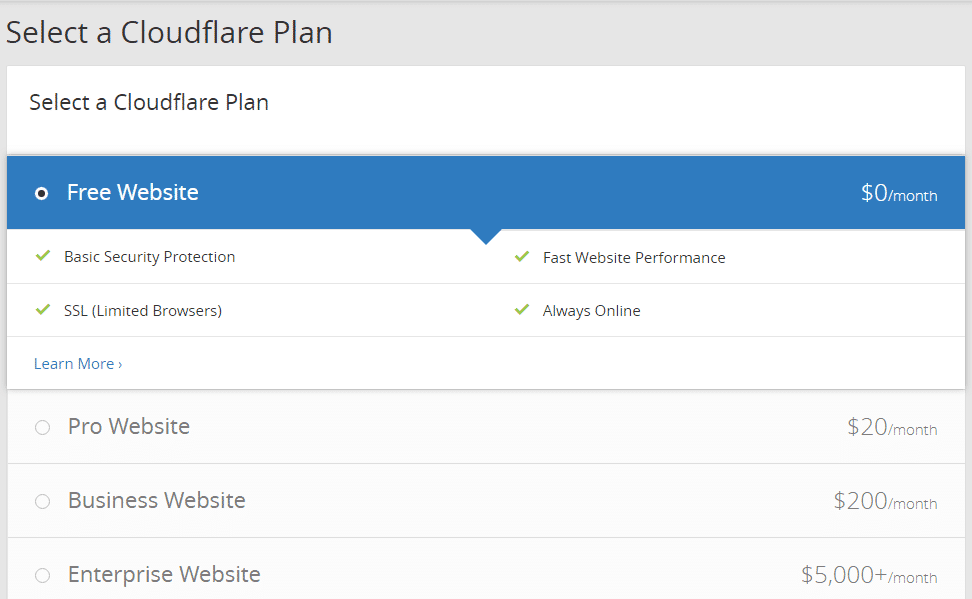 Select a Cloudflare Plan