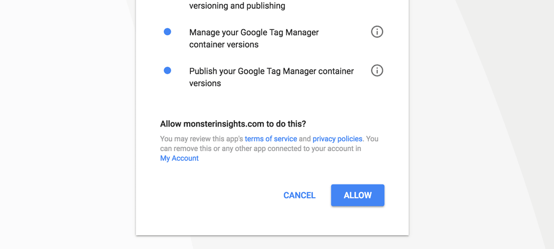 authenticate google tag manager with monsterinsights
