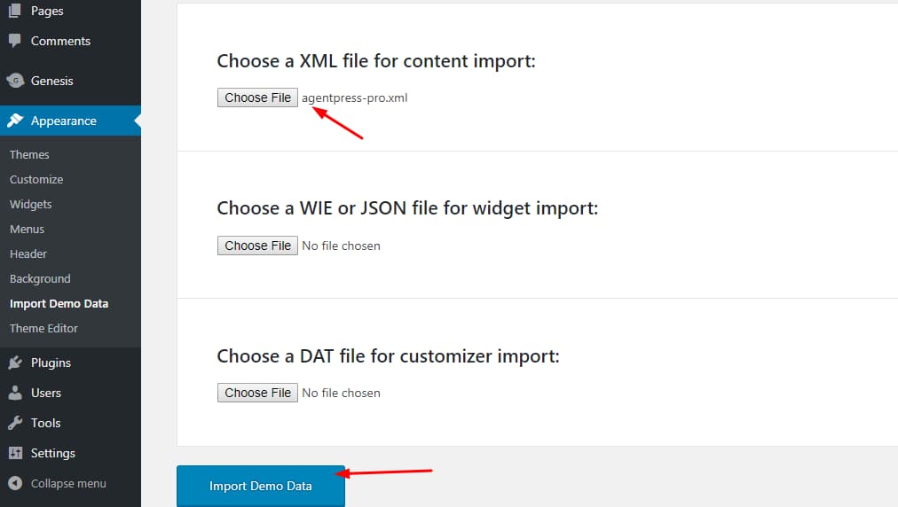 choose xml file for content import