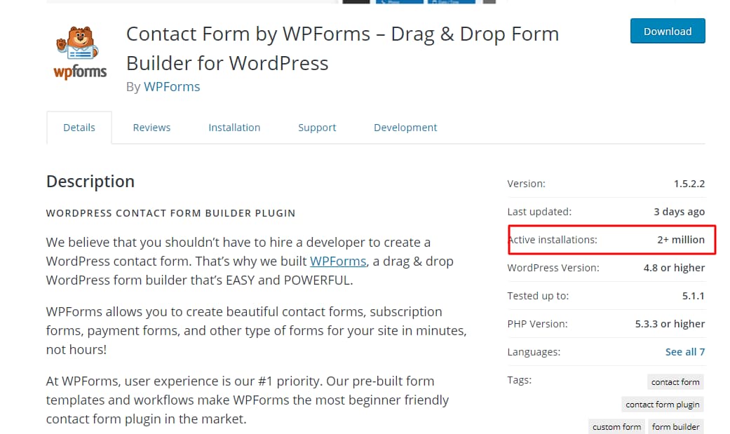 wpforms active number of installations