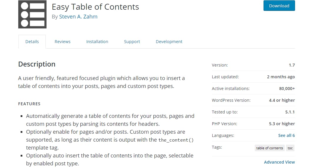 easy table of contents wordpress plugin