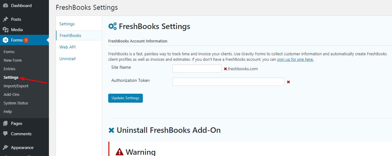 freshbooks gravity forms settings and configuration