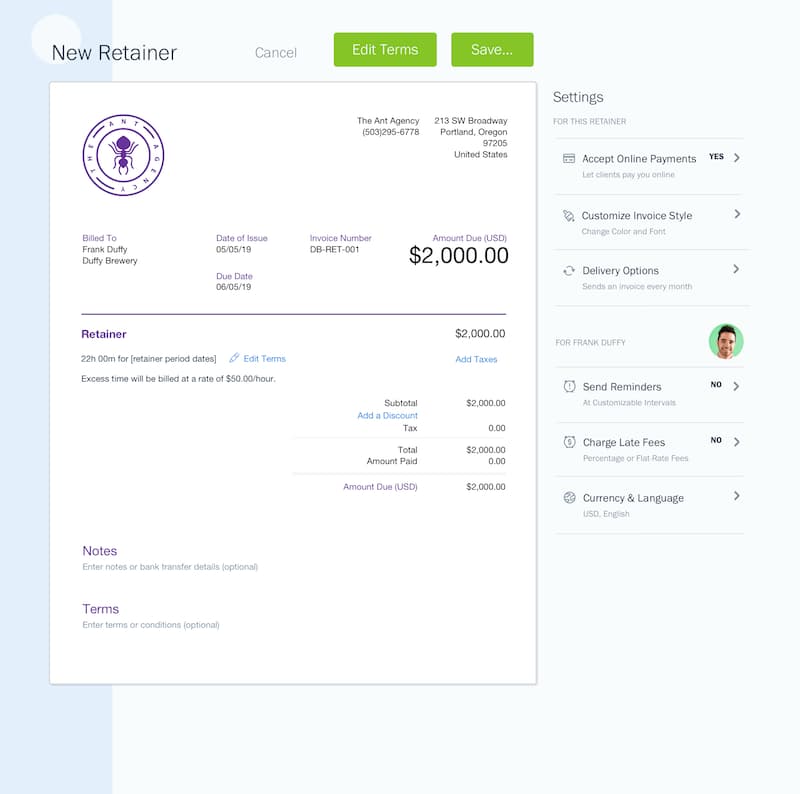 freshbooks retainer preview