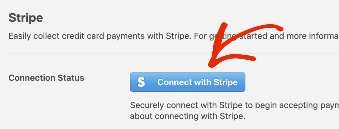 click on connect with stripe button in wpforms payment settings