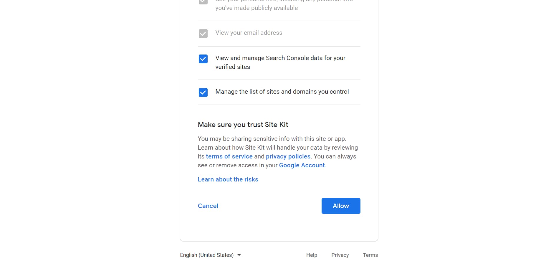 allow site kit to access required google data