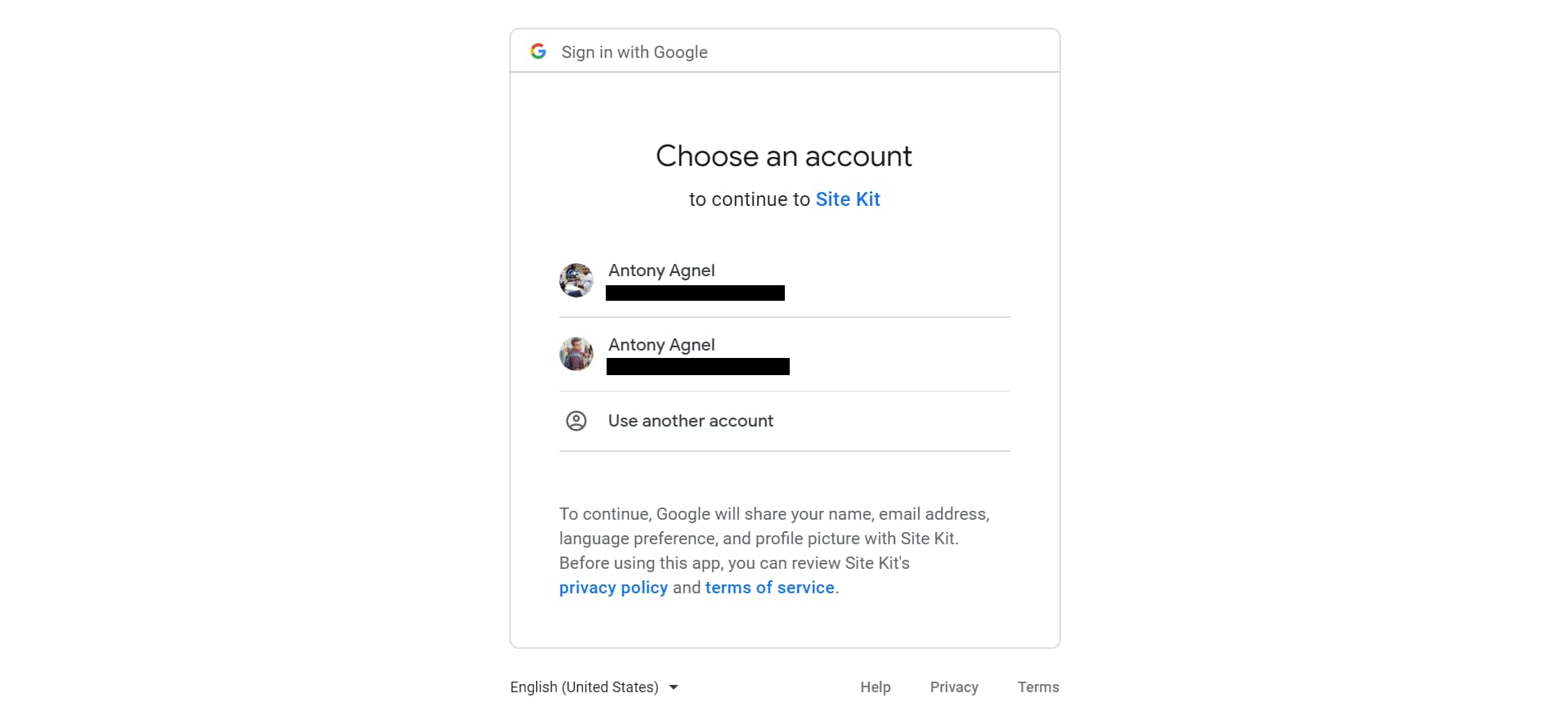 choose google account to authorize with site kit
