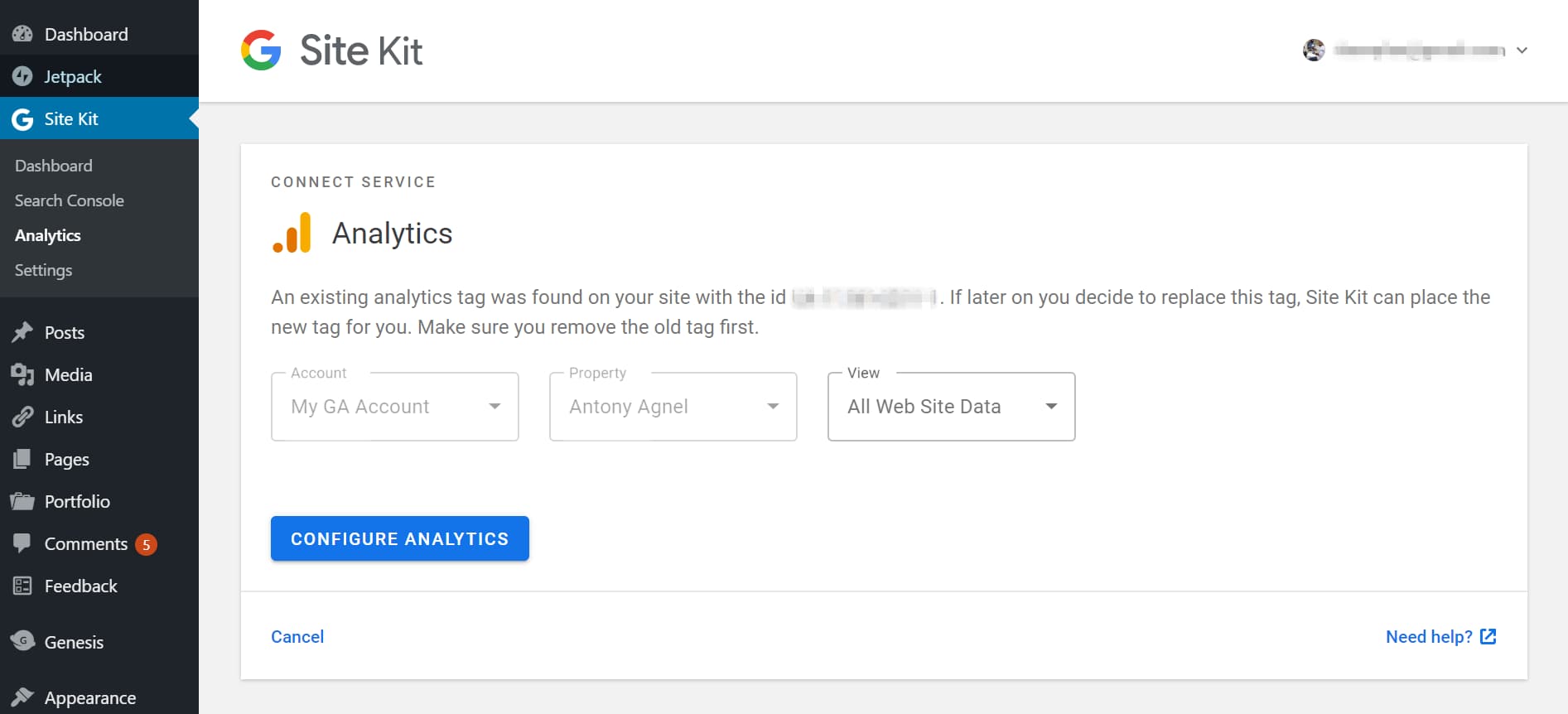choose google analytics account and property to connect with site kit