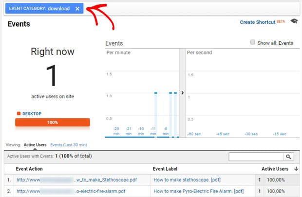 view download events on google analytics in real time