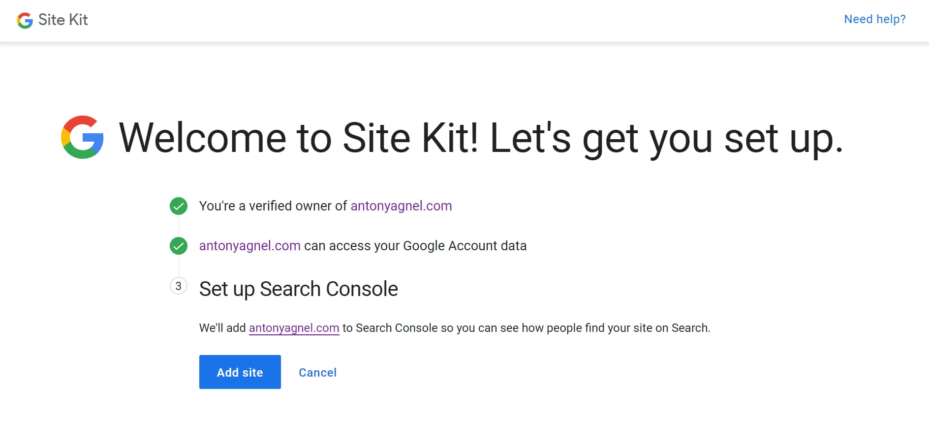 set up search console on google site kit