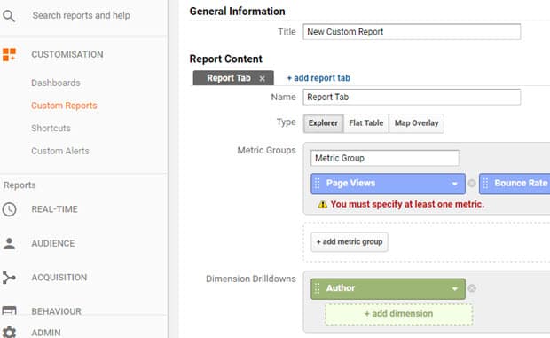 ga custom reports for author tracking