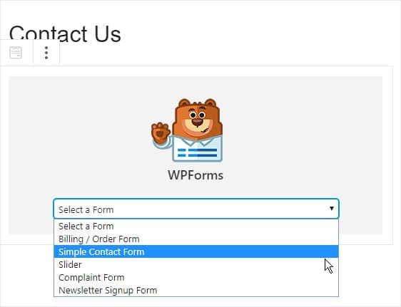 insert contact form using wpforms gutenberg block