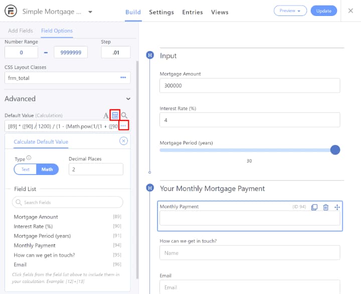 wordpress mortage calculator settings - formidable forms premium