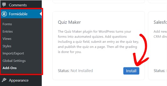 install formidable forms quiz maker addon