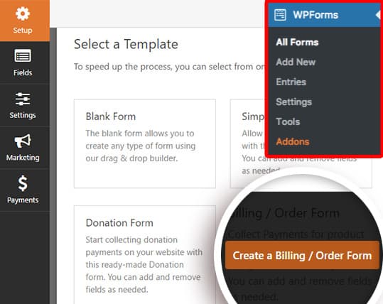 create new billing order form using wpforms template