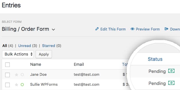 wpforms paypal payment form entries page