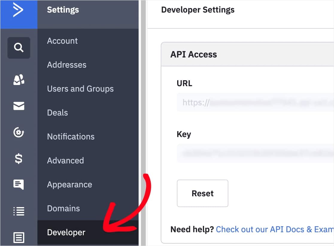 activecampaign developer settings page