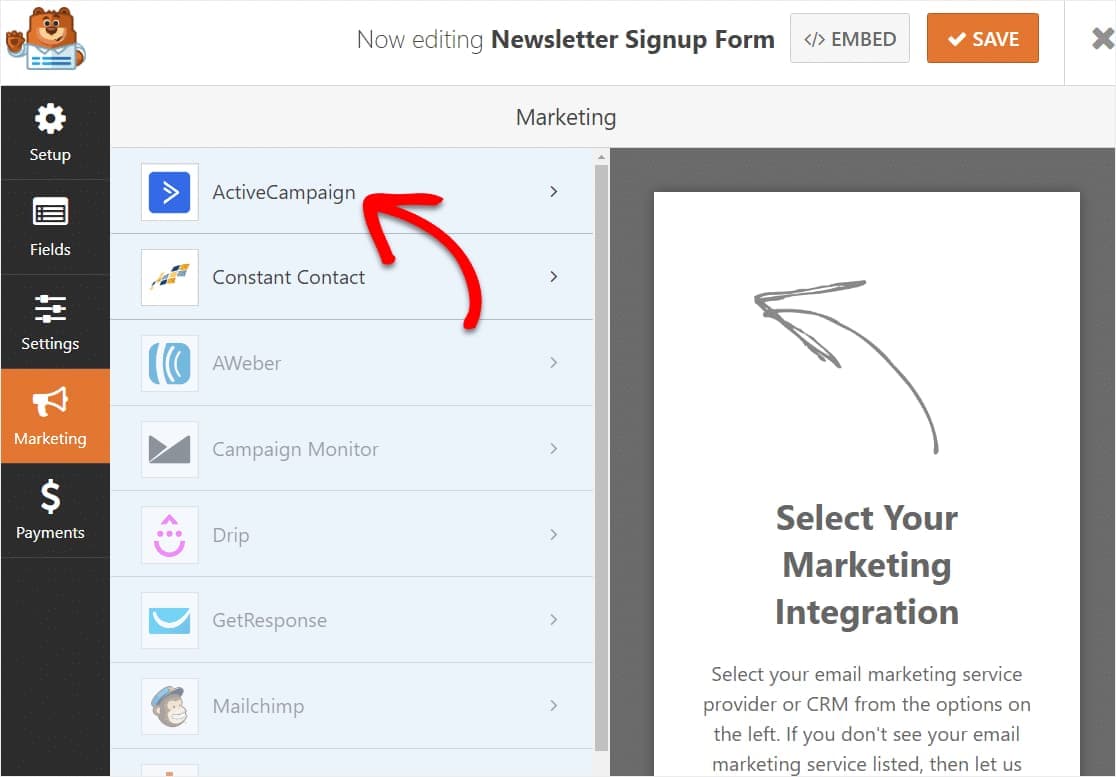 enabling activecampaign in wordpress integration to wpforms