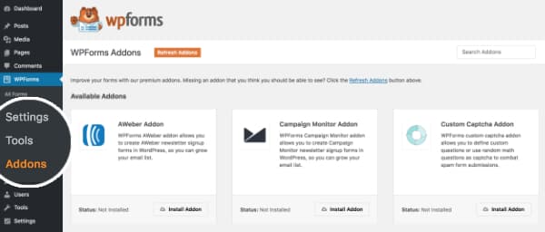wpforms addons admin page