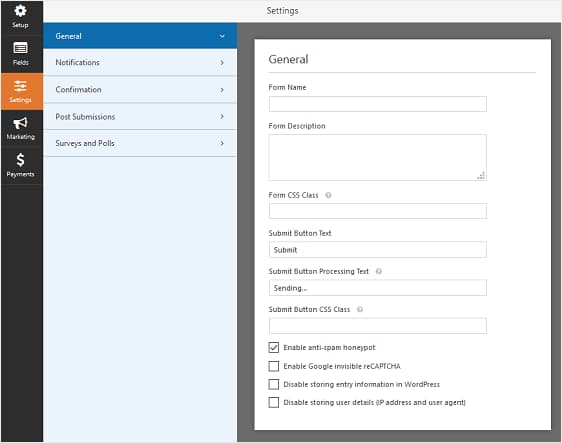wpforms general settings
