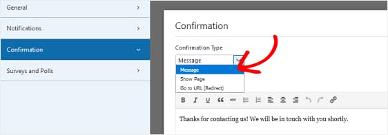 form confirmation message or page redirect