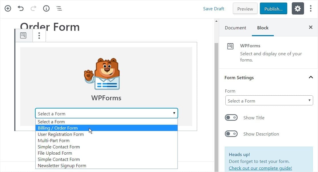 select order form from your wpforms block