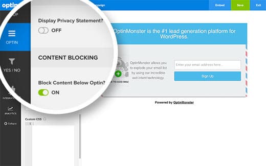 optinmonster - turn on content blocking