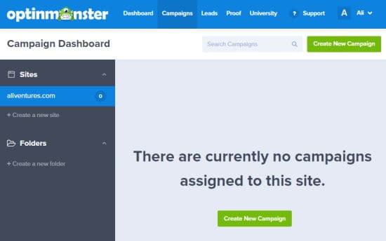 optinmonster - create new campaign button