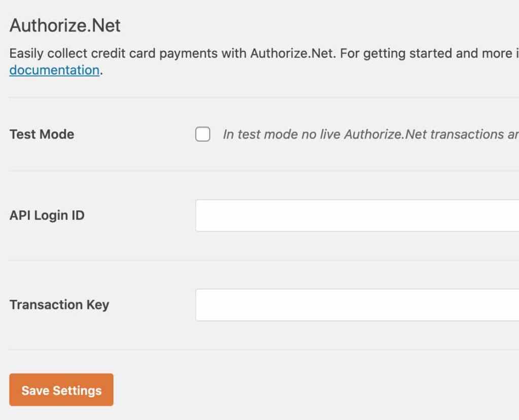 authorize.net settings page in wpforms plugin