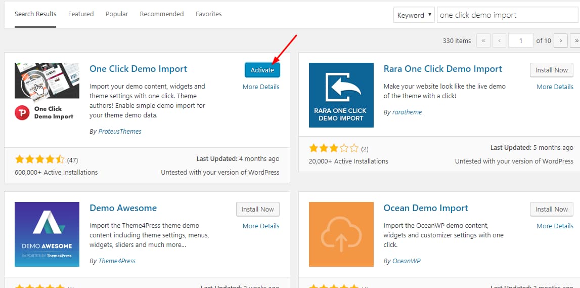 activate one click demo import plugin