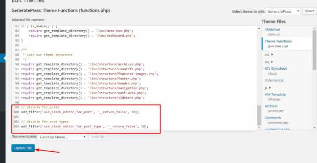 update theme functions.php file with classic editor code