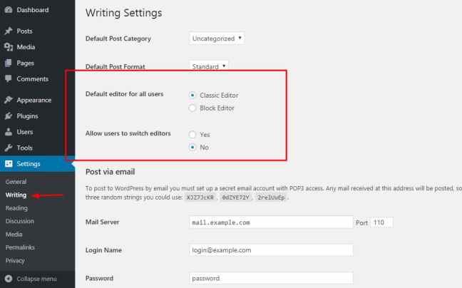 Classic Editor settings