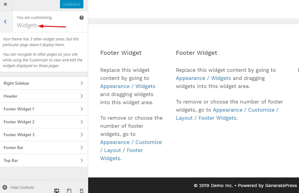 generatepress widget customizer