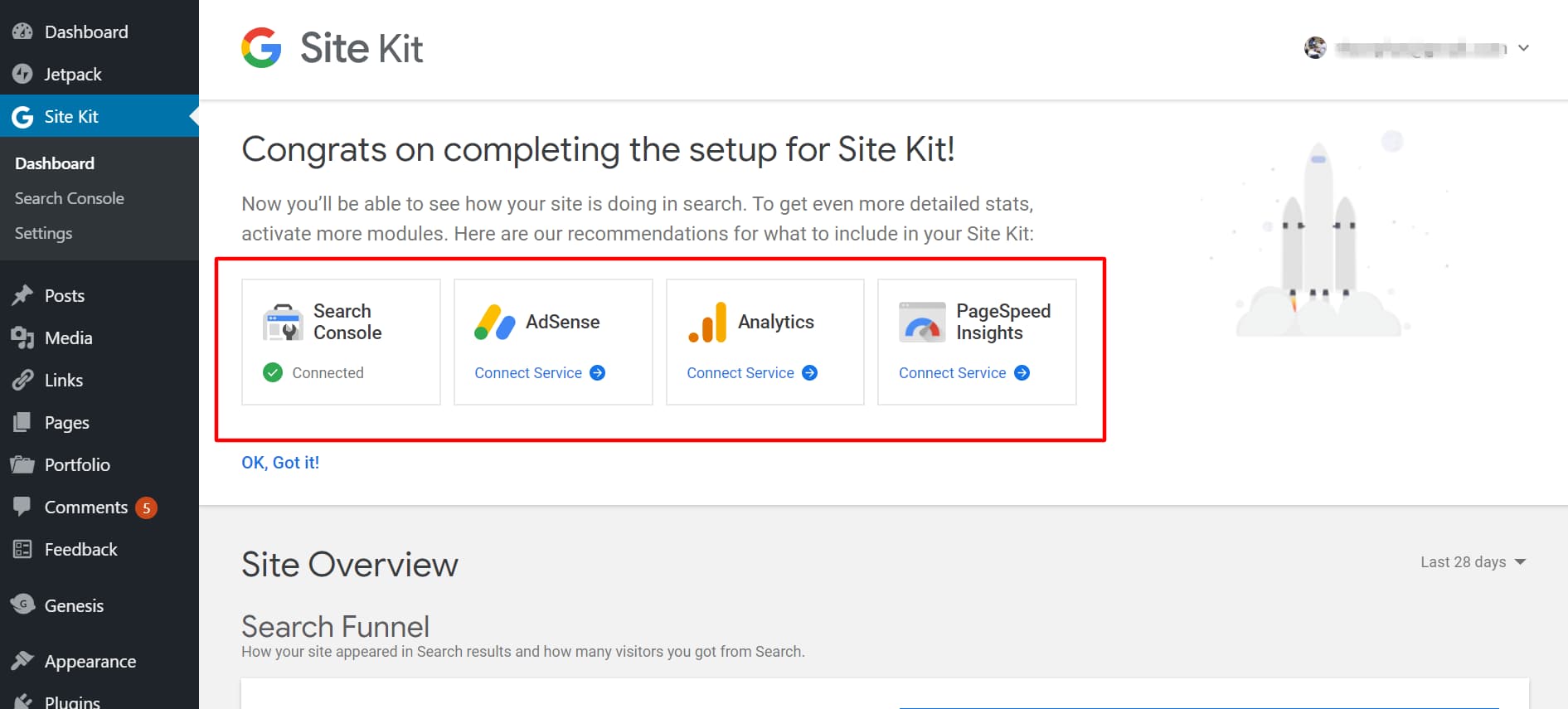 view google site kit dashboard and connect other services
