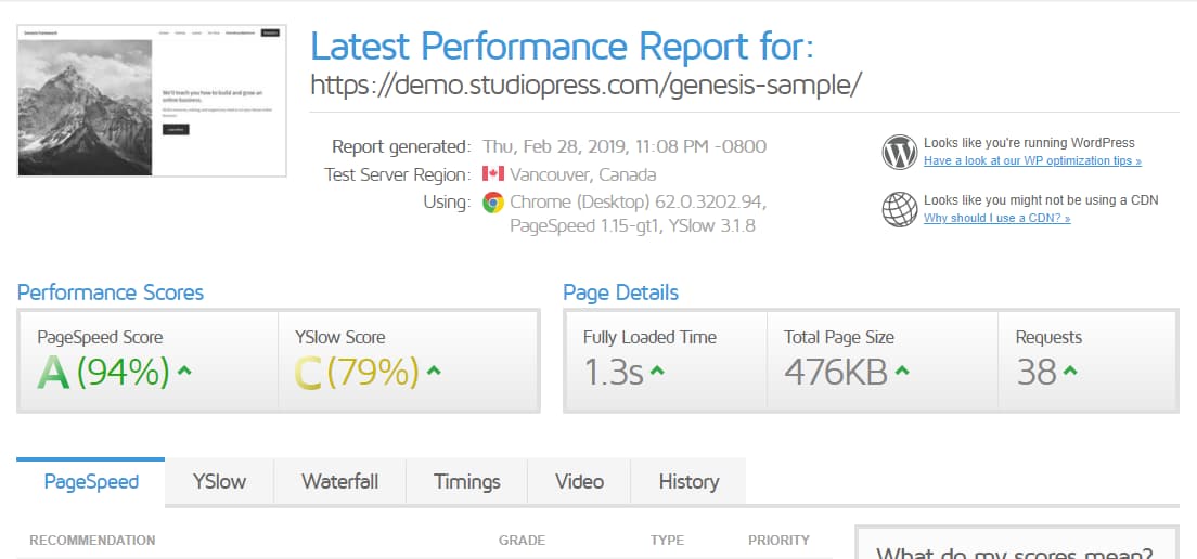 genesis sample child theme performance gtmetrix speed report