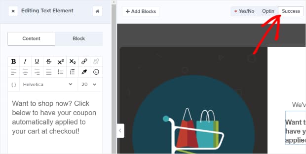optinmonster checkout campaign - edit success view