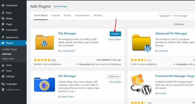 install and activate WP file manager plugin