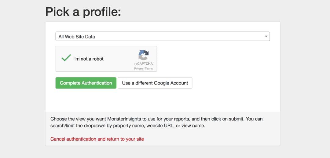 choose your google analytics property to integrate with monsterinsights